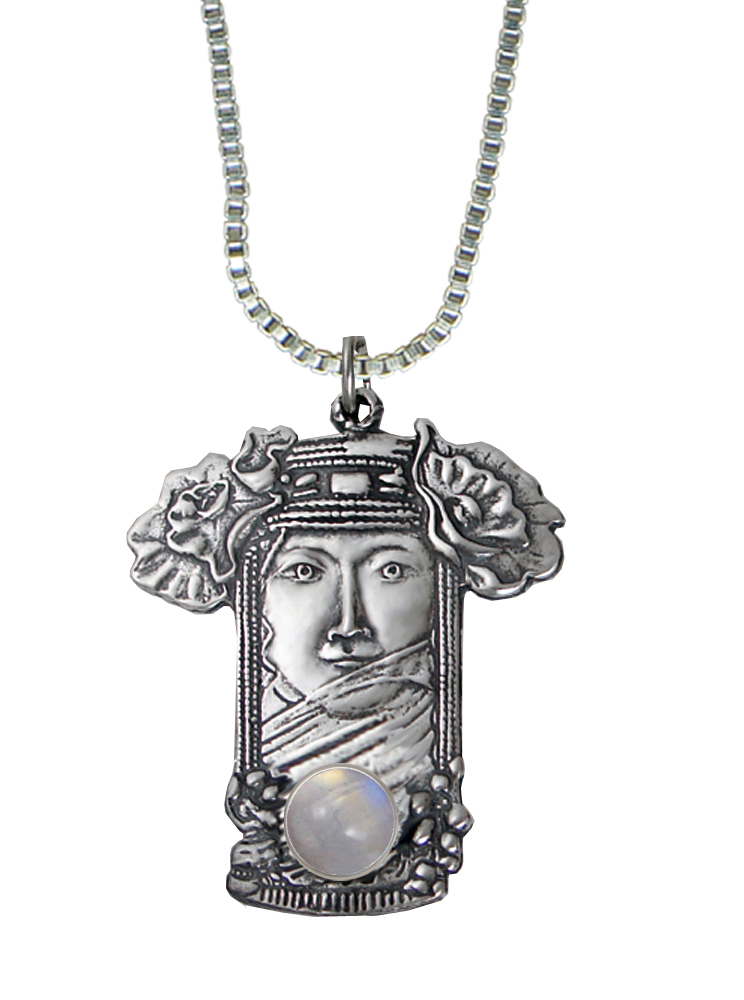 Sterling Silver Veiled Woman Maiden Pendant With Rainbow Moonstone